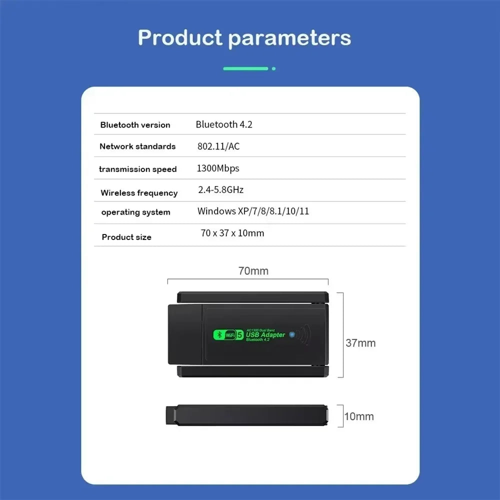 1300Mbps USB 3.0 WiFi Adapter Bluetooth 4.2 Receiver Transmitter Network Card Dual Band 2.4G/5GHz For Desktop Laptop PC