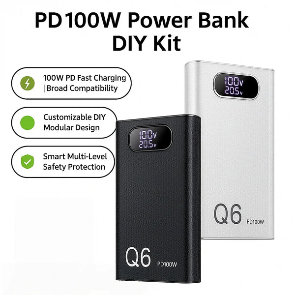 PD100W Fast Charging Power Bank DIY Kit 20V 5A 6x 21700 Battery Pack Portable Customizable No Soldering Easy to Assemble