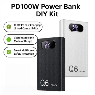 PD100W Fast Charging Power Bank DIY Kit 20V 5A 6x 21700 Battery Pack Portable Customizable No Soldering Easy to Assemble
