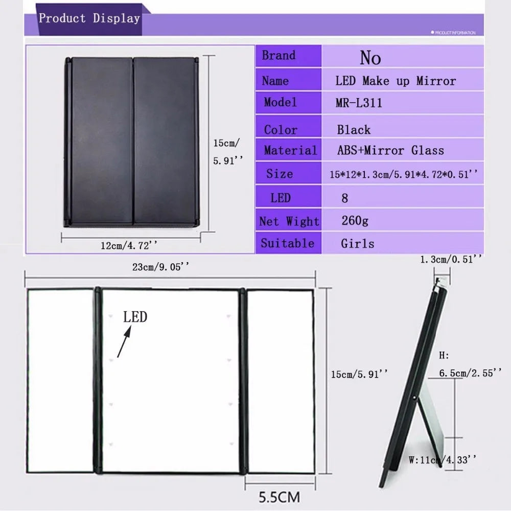 Portable LED Light Makeup Mirror Vanity lights Compact Make Up Pocket mirrors Vanity Cosmetic hand folding led Mirror lamp