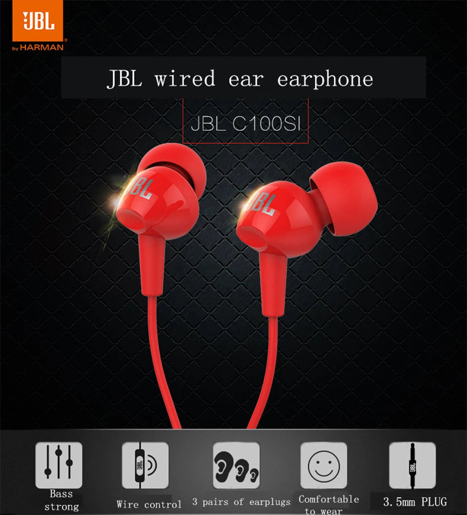 JBL C100Si Original 3.5mm Wired Stereo Earphones Deep Bass Music Sports Headset Running Earphone Hands-free Call with Microphone