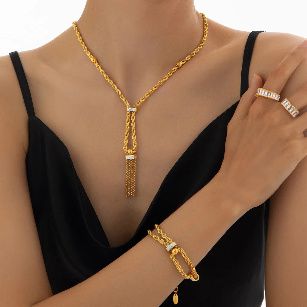 Women's Necklace Bracelet Ring Set Tassel Collarbone Chain Stainless Steel Fashionable and Versatile Jewelry Accessories