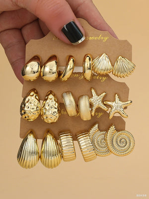 3PAIRS-6PAIRS/Set Fashionable &Golden Starfish, Seashell, Smooth Water Drop,Textured C-Shape Earrings Set,Travel & Vacation Wear