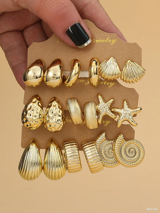 3PAIRS-6PAIRS/Set Fashionable &Golden Starfish, Seashell, Smooth Water Drop,Textured C-Shape Earrings Set,Travel & Vacation Wear