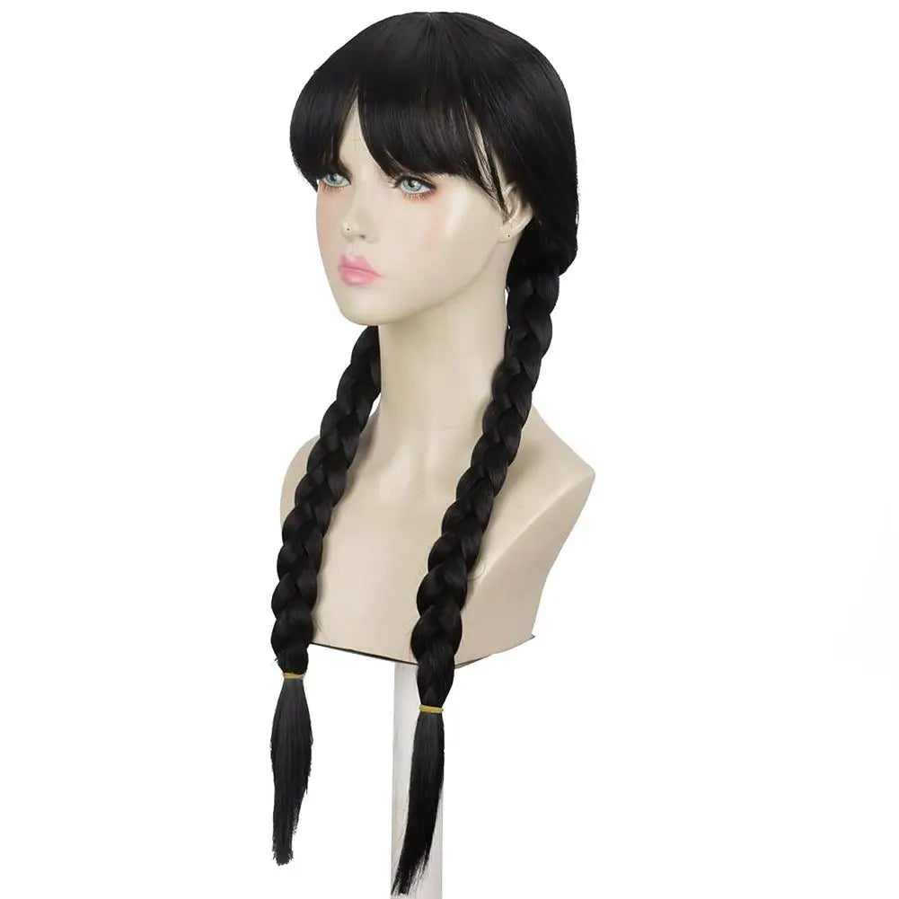 Wednesday Long Black Braids Middle Parted Wig, Pigtails for Party Costume Halloween  Women Cosplay Party with Cap