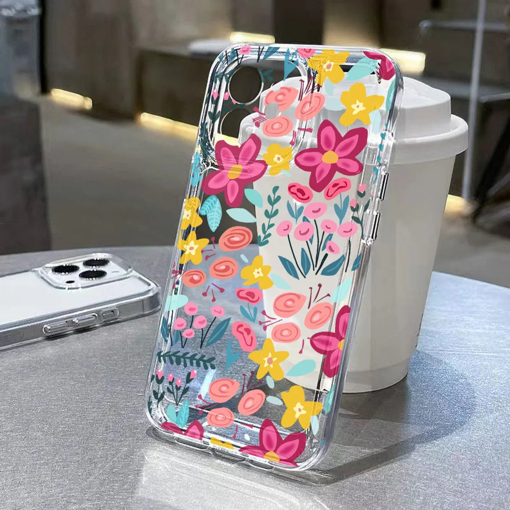 Silicone Flower Phone Case For iPhone 11 Funda iPhone 13 14 15 16 Pro Max 12 XR X XS 7 8 Plus SE 14promax Shockproof Clear Cover