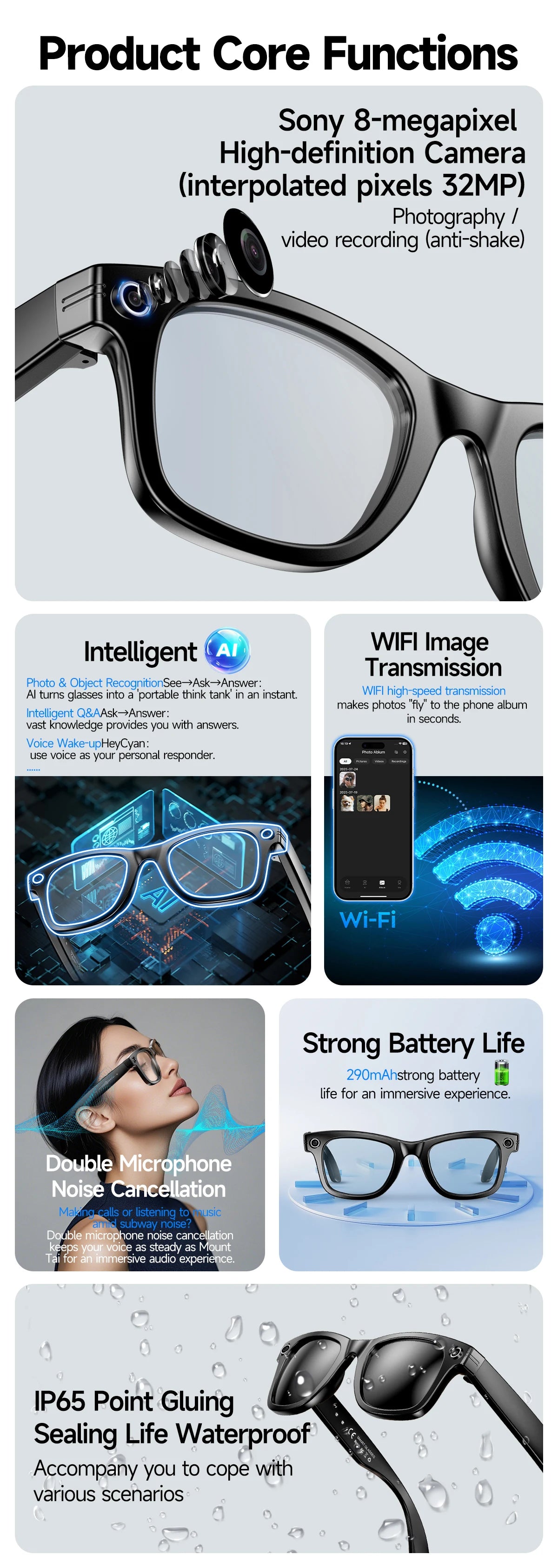 Fashion 8 Million Pixels SmartGlasses Recording Videos AI Photo Recognition Translation 270mAh IP65 Waterproof Bluetooth Glasses