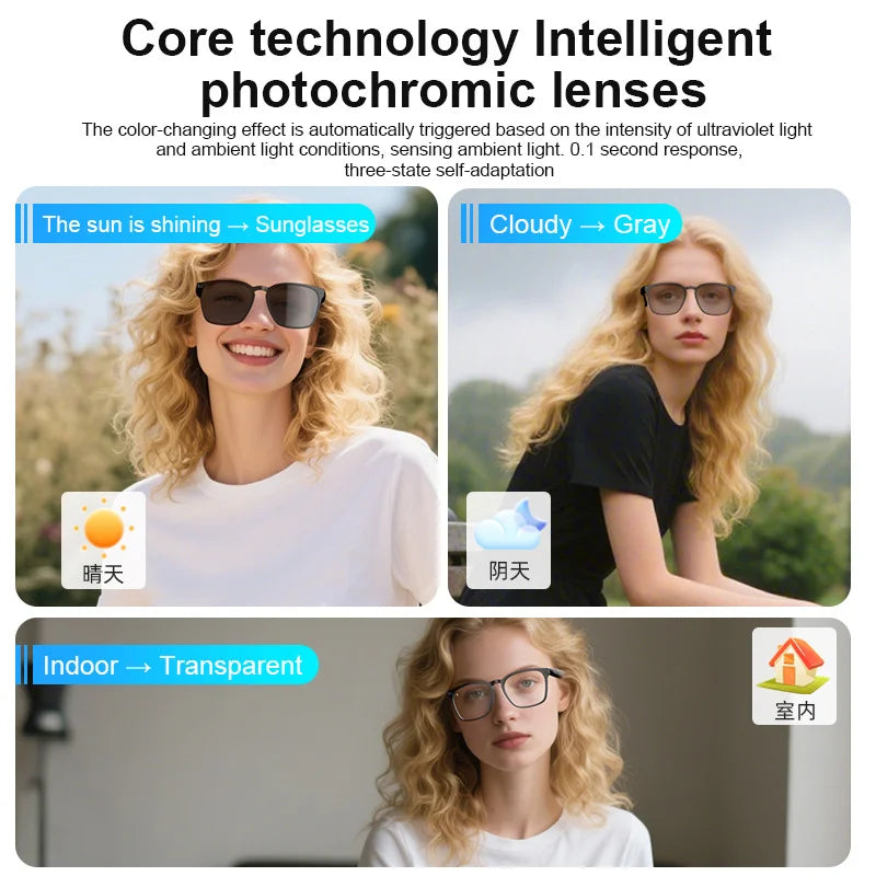 AI translation smart glasses with photochromic properties, Bluetooth for music playback and calls, multi-functional audio for dr