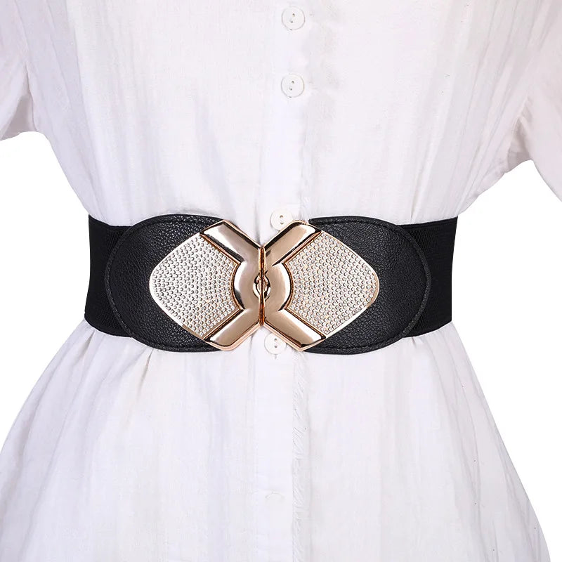 Beautiful Belts for Woman Beautiful Gold Color Metal Buckle 6cm Width Elastic Band Belt Versatile Tight Belts