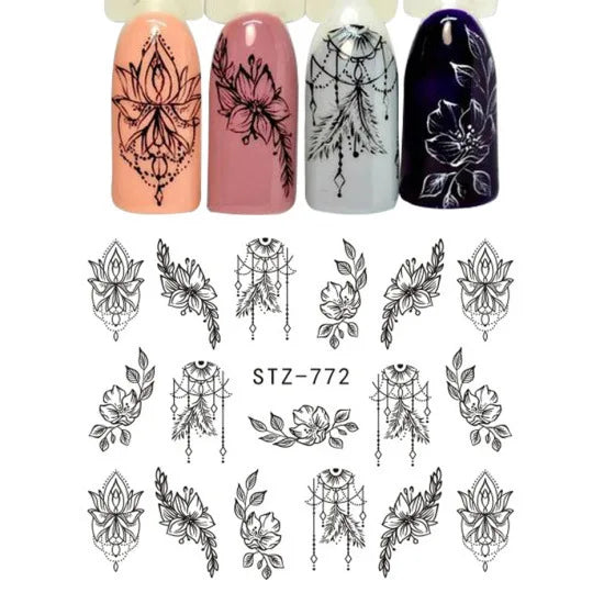 Nails Water Decals Abstract Pattern Nail Stickers Color Block Lines Leaf Flowers Sliders Manicures Foils Tips Black Art  Uñas