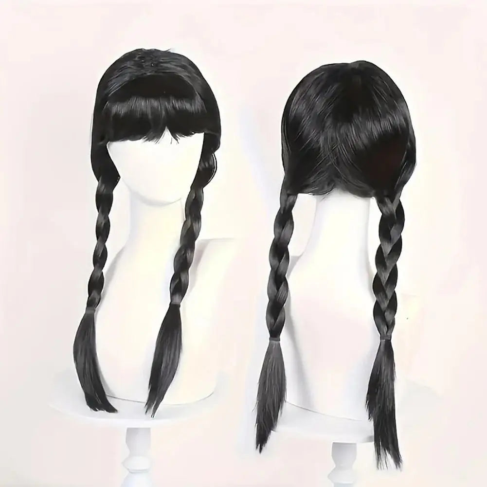Wednesday Long Black Braids Middle Parted Wig, Pigtails for Party Costume Halloween  Women Cosplay Party with Cap