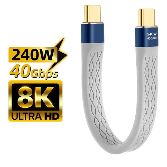 USB C to USB C 240W Short Cable Fast Charging Type-C Cord 40Gbps Data Transfer 8K Flat Slim FPC Data Charge Extension Cable ﻿
