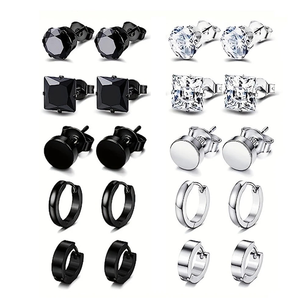 4-14 Pairs Earrings For Men, Black Earrings Mens Earrings, Stainless Steel Stud Earrings For Women Huggie Hoop Earrings Set