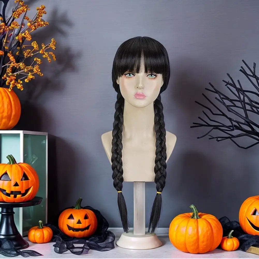Wednesday Long Black Braids Middle Parted Wig, Pigtails for Party Costume Halloween  Women Cosplay Party with Cap