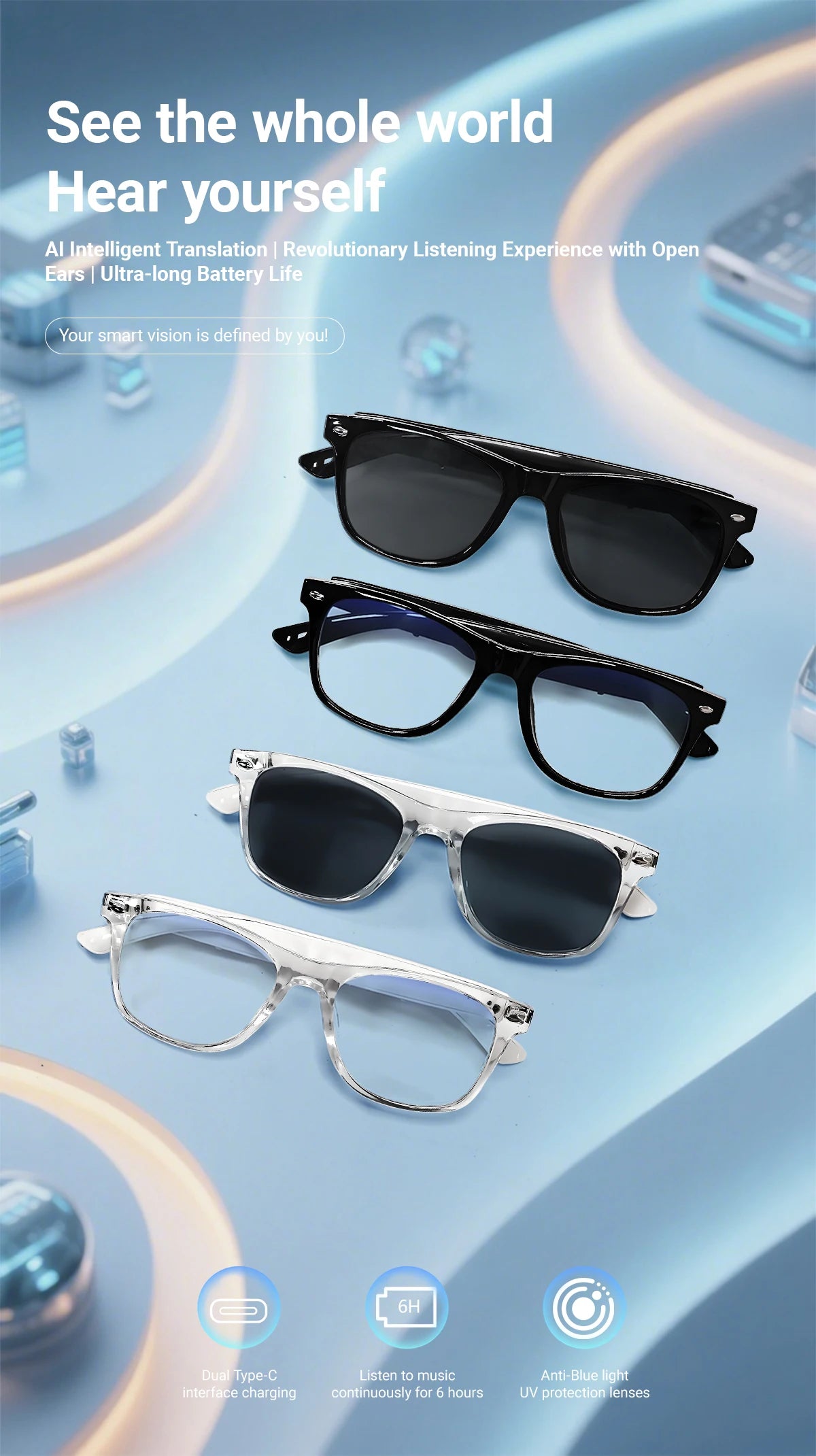 2025 Smart Glasses AI translation 100+ Languages Make Receive Calls Music Calling Noise Reduction Light BT TWS Glasses Men Women