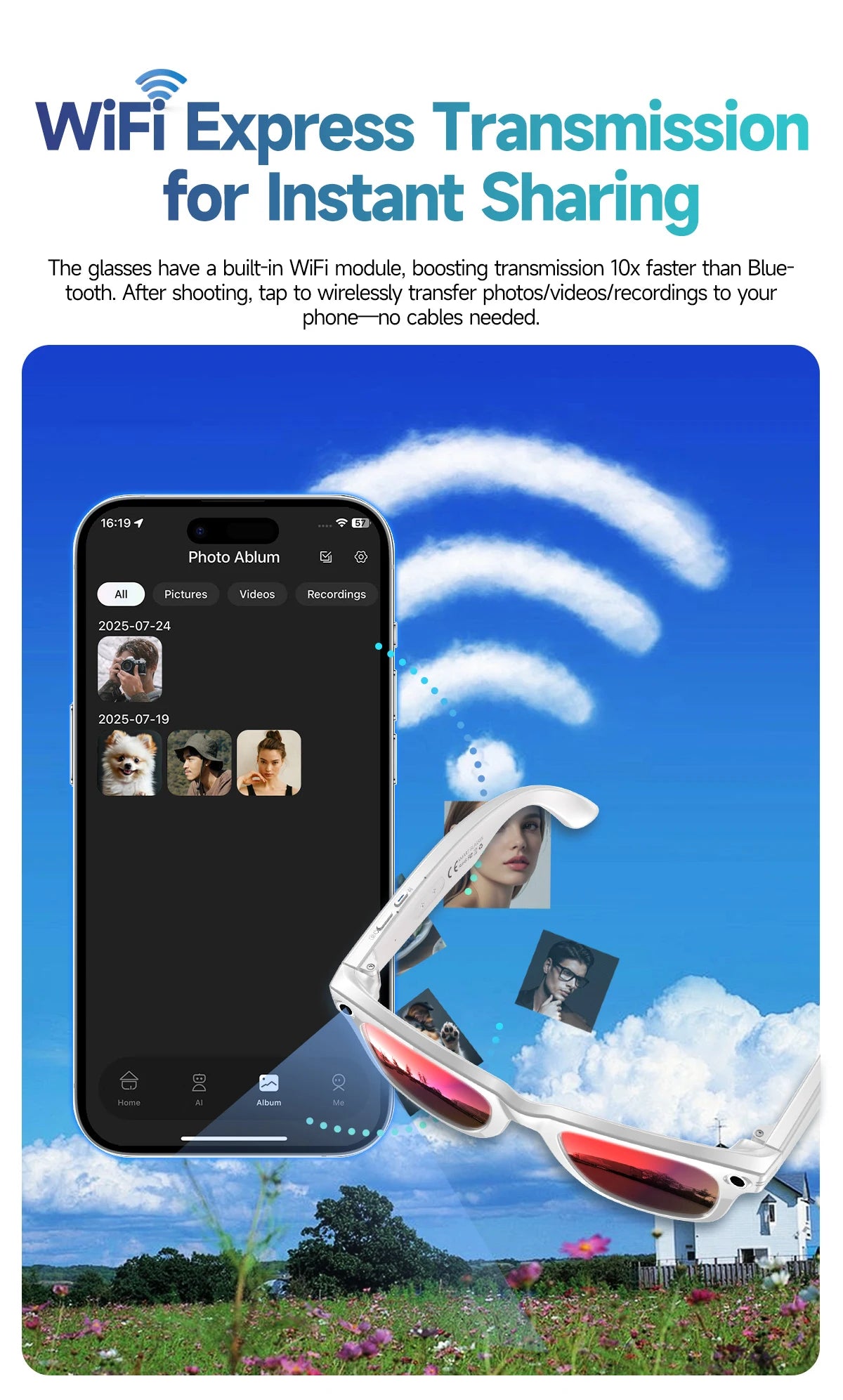 Fashion 8 Million Pixels SmartGlasses Recording Videos AI Photo Recognition Translation 270mAh IP65 Waterproof Bluetooth Glasses