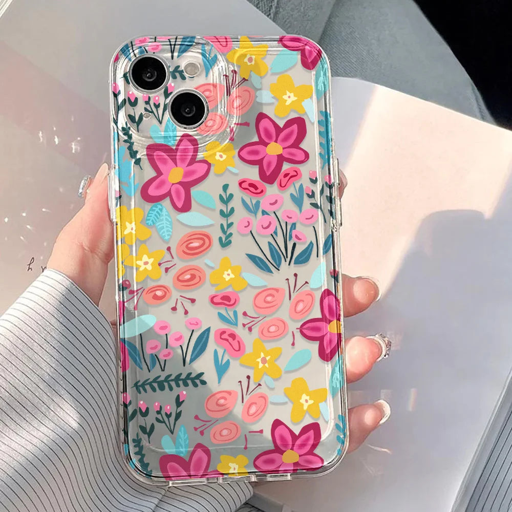 Silicone Flower Phone Case For iPhone 11 Funda iPhone 13 14 15 16 Pro Max 12 XR X XS 7 8 Plus SE 14promax Shockproof Clear Cover