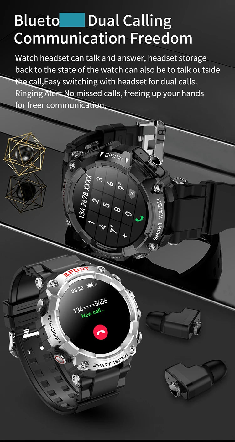 Smart Watch with Earphones BT Call Music Headset Player T96 Heart Rate Sleep Monitor Smart Watch with Earbuds 2 in 1