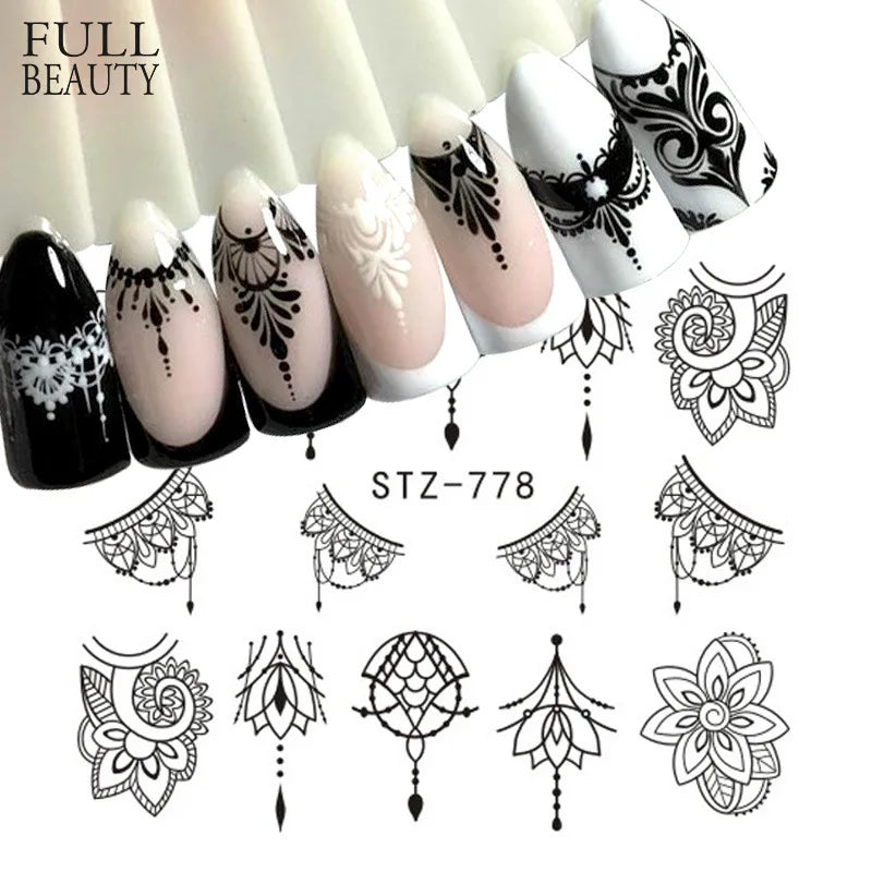 Nails Water Decals Abstract Pattern Nail Stickers Color Block Lines Leaf Flowers Sliders Manicures Foils Tips Black Art  Uñas