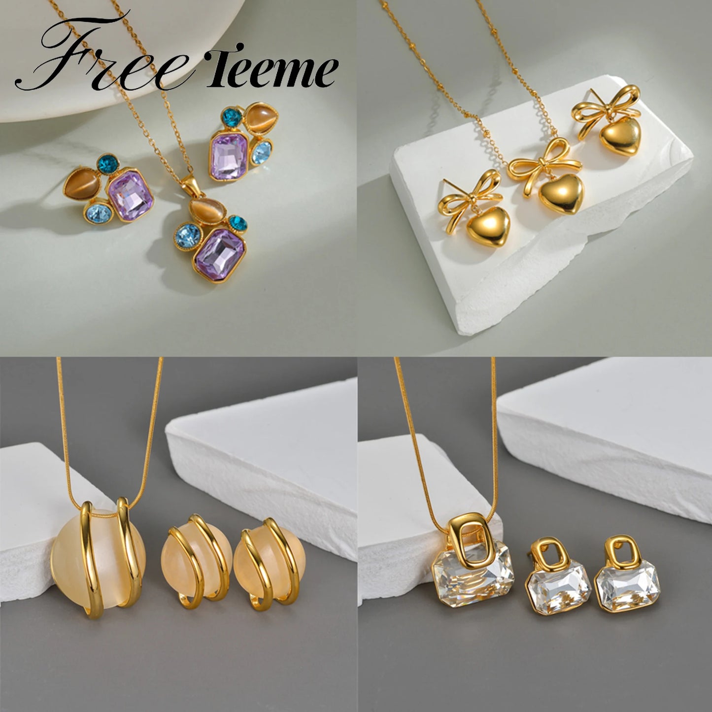 Freeteeme Various Style Necklace Earrings Set for Women Stainless Steel Bow Zircon Pendant Ear Studs Jewelry Set Birthday Gifts