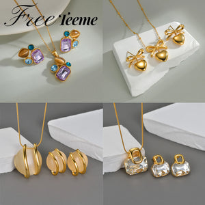 Freeteeme Various Style Necklace Earrings Set for Women Stainless Steel Bow Zircon Pendant Ear Studs Jewelry Set Birthday Gifts