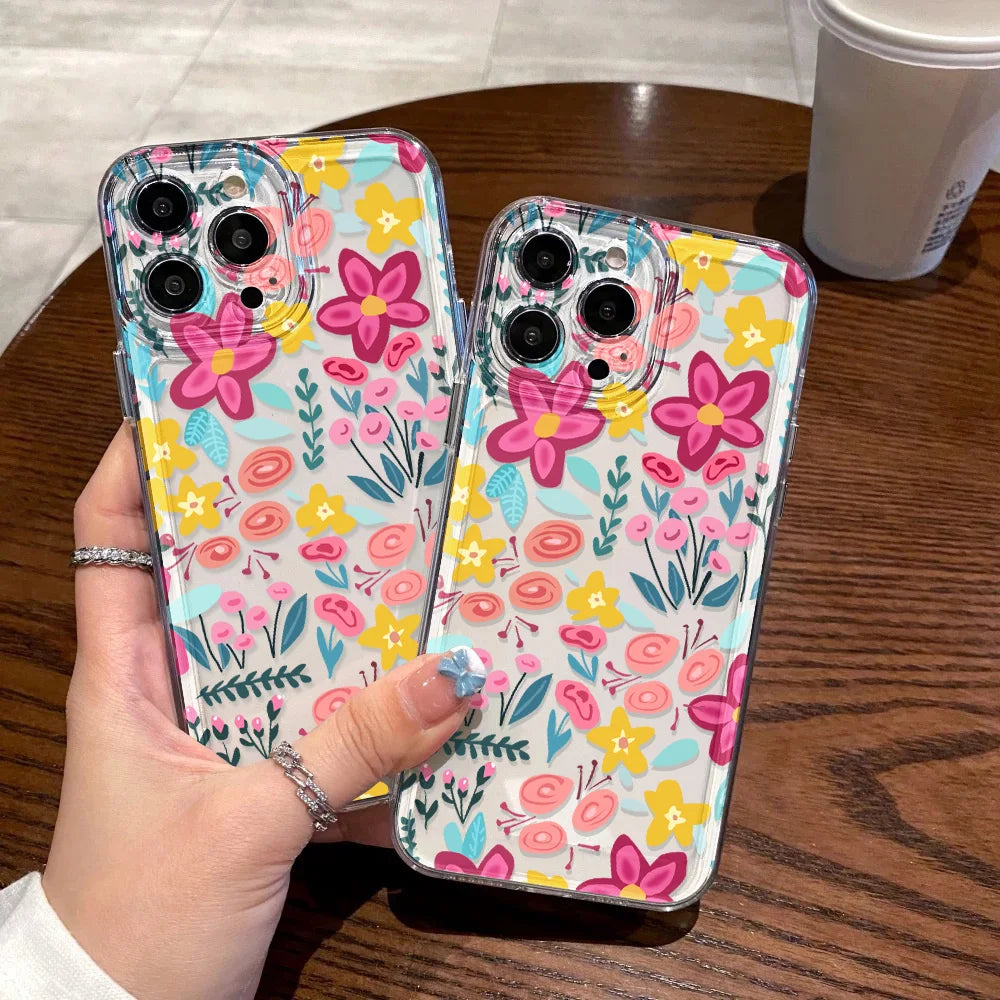Silicone Flower Phone Case For iPhone 11 Funda iPhone 13 14 15 16 Pro Max 12 XR X XS 7 8 Plus SE 14promax Shockproof Clear Cover