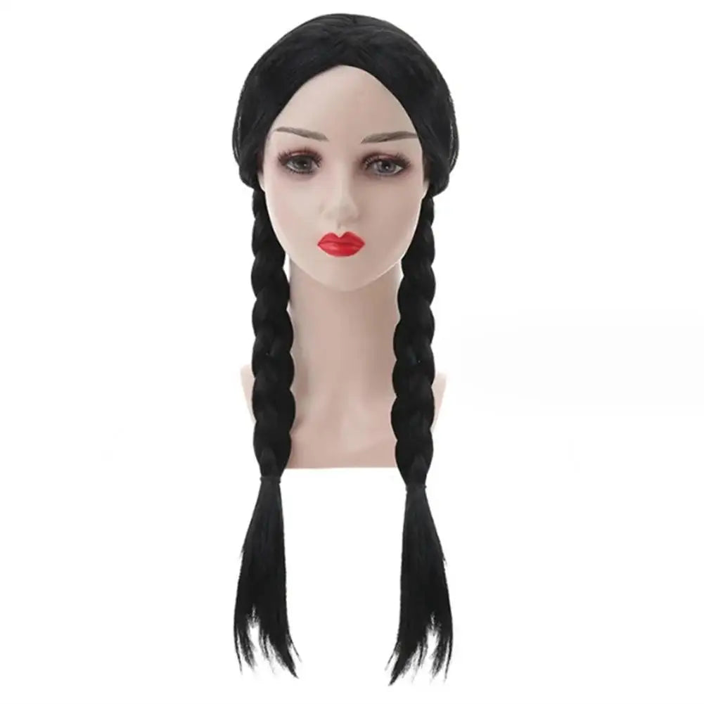Wednesday Long Black Braids Middle Parted Wig, Pigtails for Party Costume Halloween  Women Cosplay Party with Cap