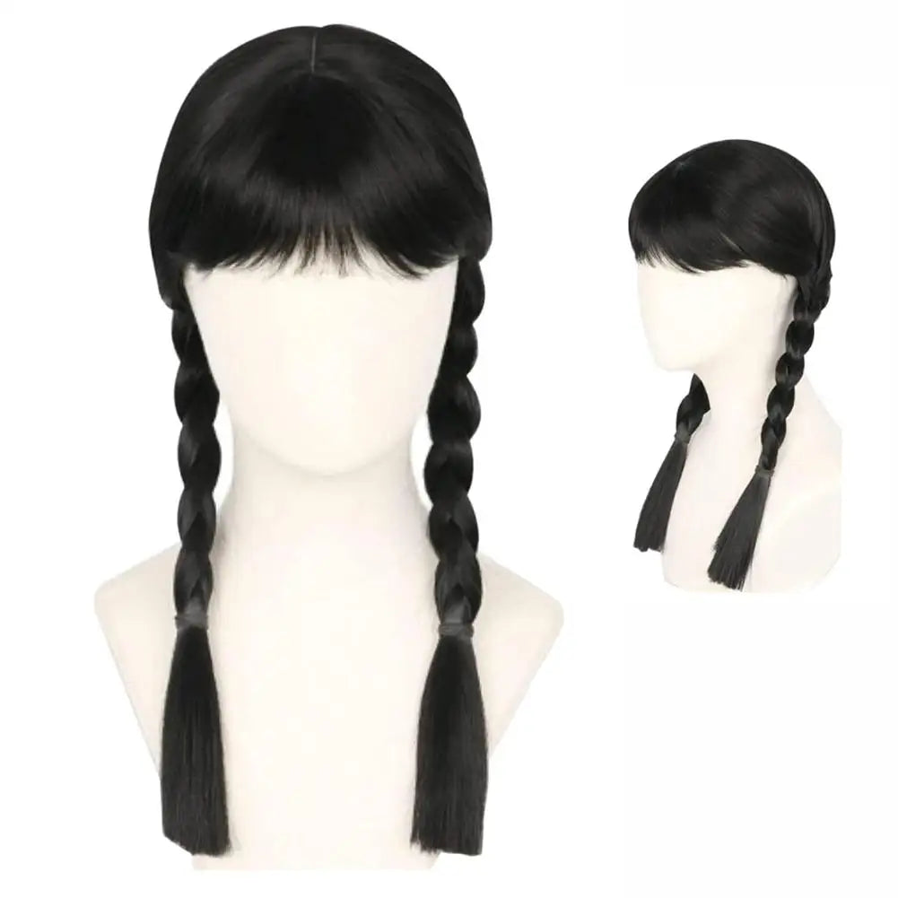 Wednesday Long Black Braids Middle Parted Wig, Pigtails for Party Costume Halloween  Women Cosplay Party with Cap