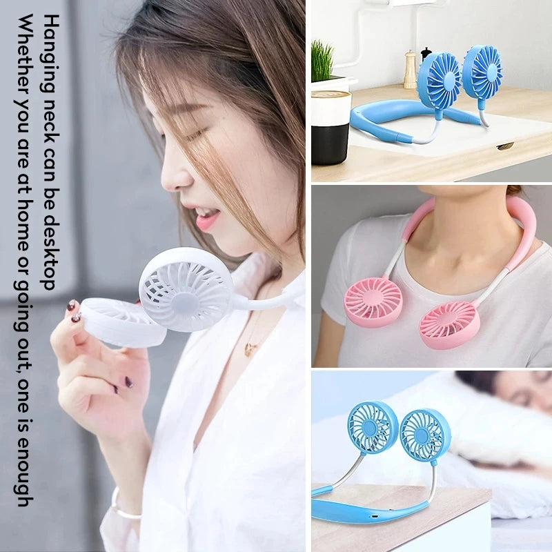 USB Portable Fan Cold Fan Hands Free Neck Fan Hanging Rechargeable Mini Sports Fan 3-Speed Adjustable Neck Dual Fan Home Office