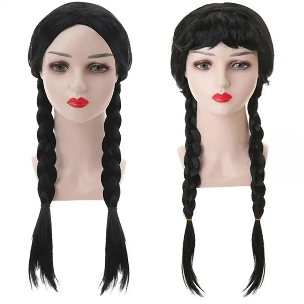 Wednesday Long Black Braids Middle Parted Wig, Pigtails for Party Costume Halloween  Women Cosplay Party with Cap