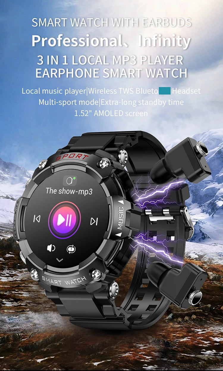 Smart Watch with Earphones BT Call Music Headset Player T96 Heart Rate Sleep Monitor Smart Watch with Earbuds 2 in 1