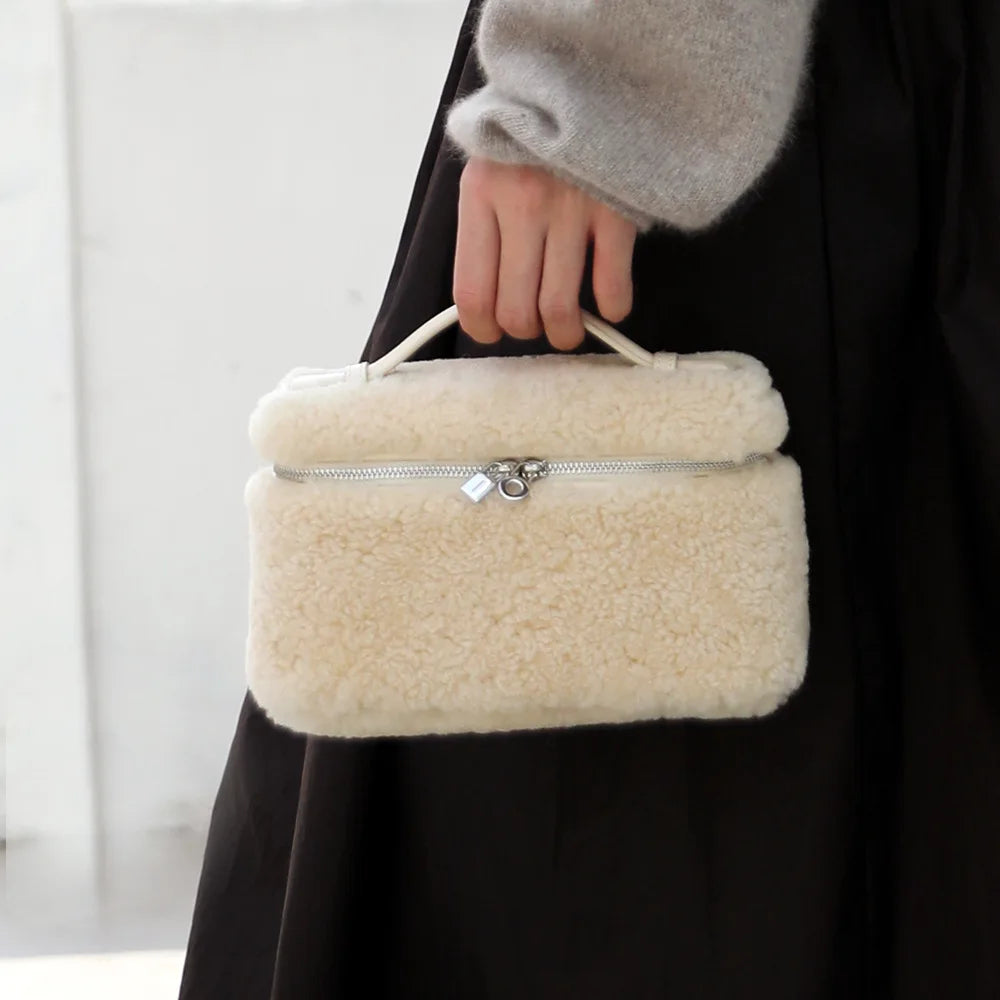 Ladies' bag 2025 new high-end retro wool lamb hand-held box bag niche design single shoulder crossbody bag
