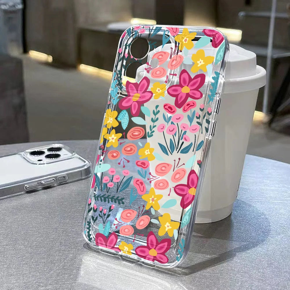 Silicone Flower Phone Case For iPhone 11 Funda iPhone 13 14 15 16 Pro Max 12 XR X XS 7 8 Plus SE 14promax Shockproof Clear Cover