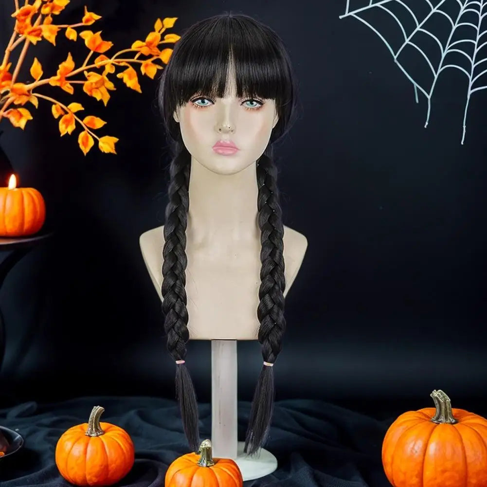 Wednesday Long Black Braids Middle Parted Wig, Pigtails for Party Costume Halloween  Women Cosplay Party with Cap