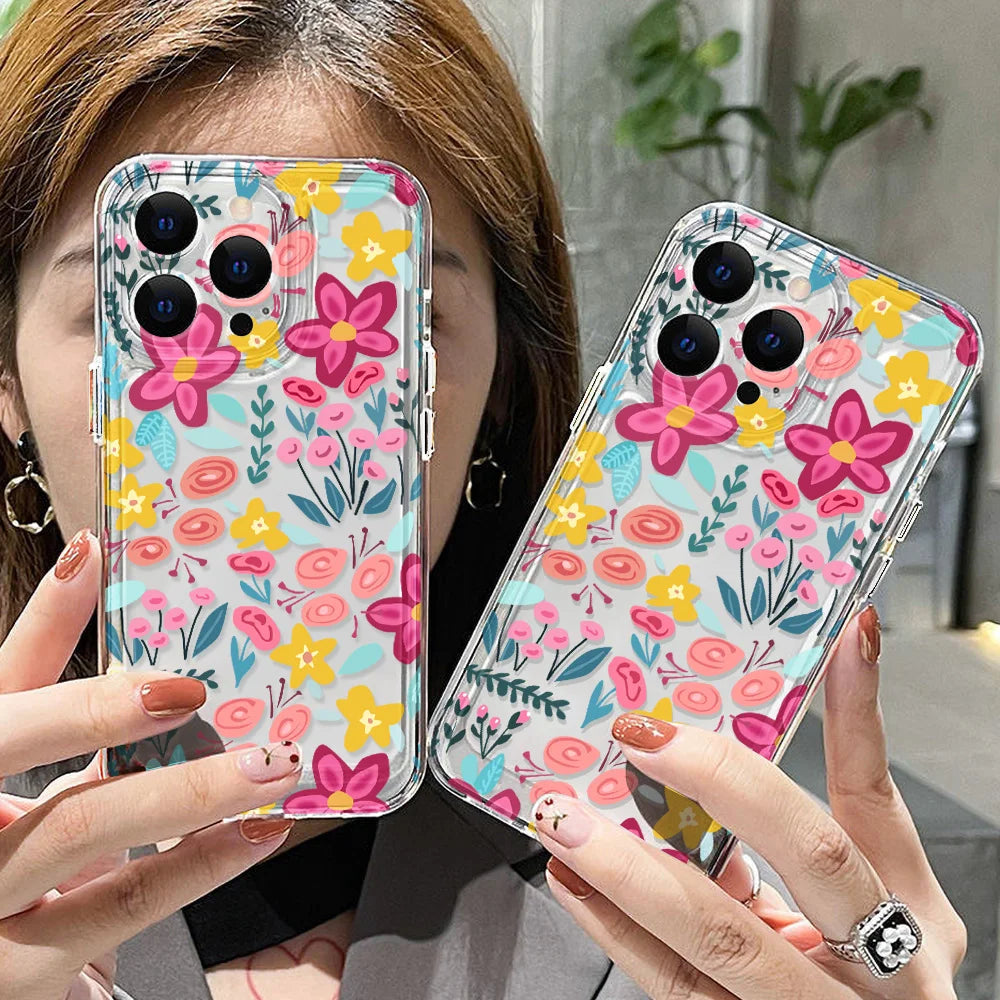 Silicone Flower Phone Case For iPhone 11 Funda iPhone 13 14 15 16 Pro Max 12 XR X XS 7 8 Plus SE 14promax Shockproof Clear Cover