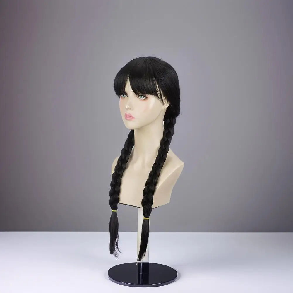 Wednesday Long Black Braids Middle Parted Wig, Pigtails for Party Costume Halloween  Women Cosplay Party with Cap