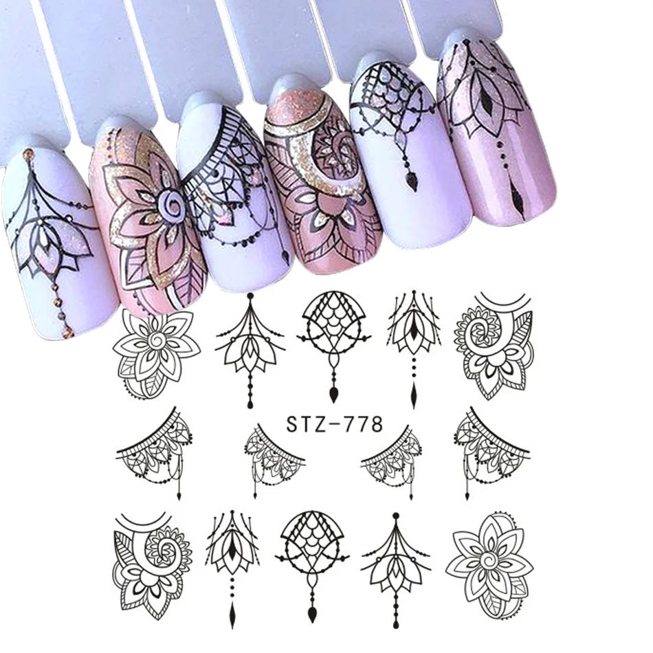 Nails Water Decals Abstract Pattern Nail Stickers Color Block Lines Leaf Flowers Sliders Manicures Foils Tips Black Art  Uñas