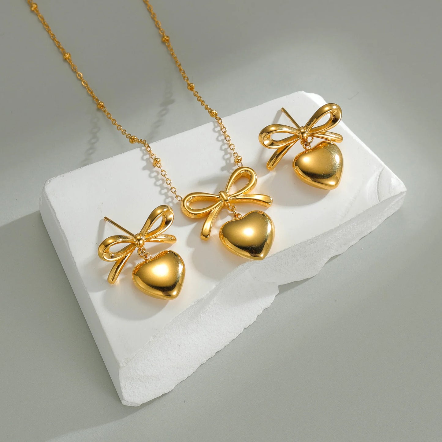 Freeteeme Various Style Necklace Earrings Set for Women Stainless Steel Bow Zircon Pendant Ear Studs Jewelry Set Birthday Gifts