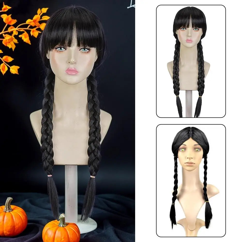 Wednesday Long Black Braids Middle Parted Wig, Pigtails for Party Costume Halloween  Women Cosplay Party with Cap