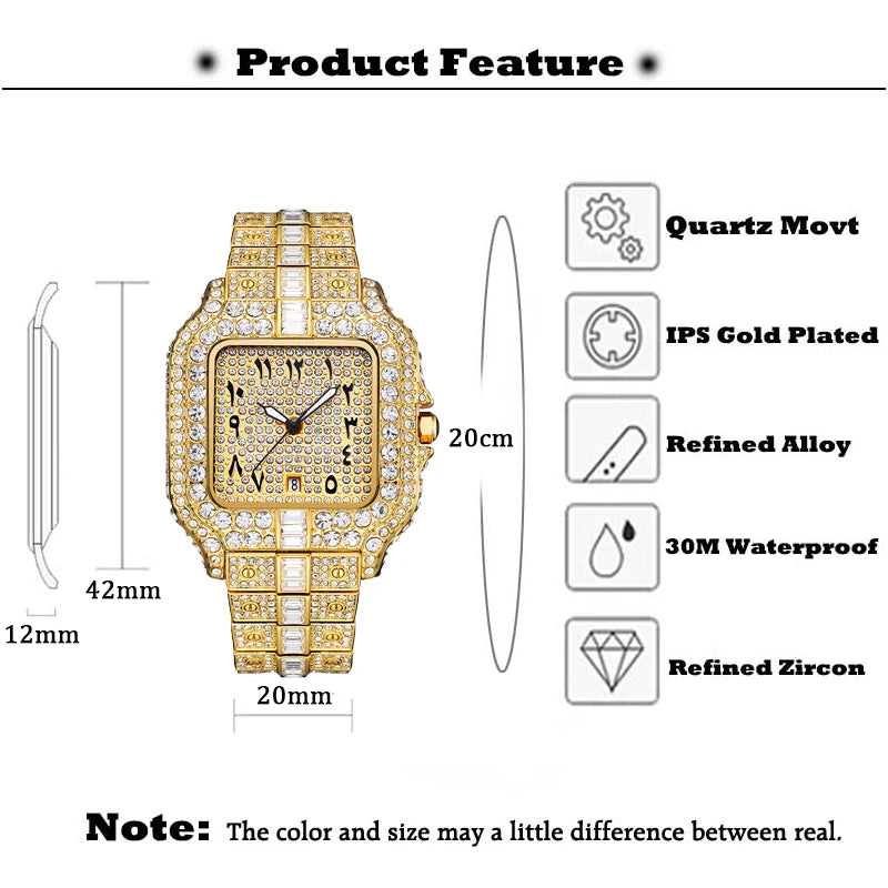 Diamond Men's Quartz Watch With Auto Date Waterproof Wristwatches For Male Unique Luxury Cool Iced Fashion Trends Timepieces New