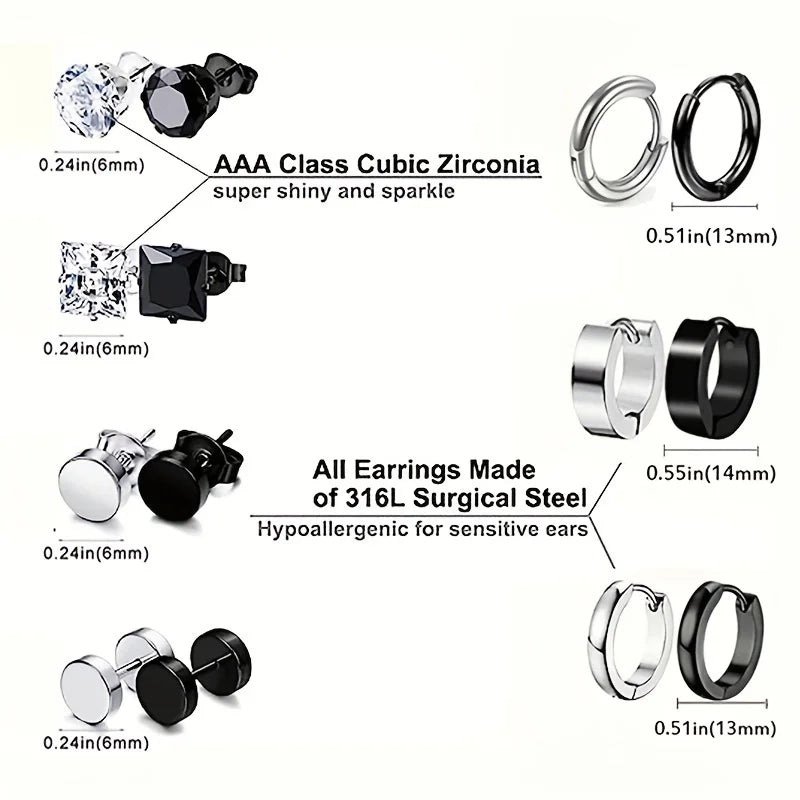 4-14 Pairs Earrings For Men, Black Earrings Mens Earrings, Stainless Steel Stud Earrings For Women Huggie Hoop Earrings Set
