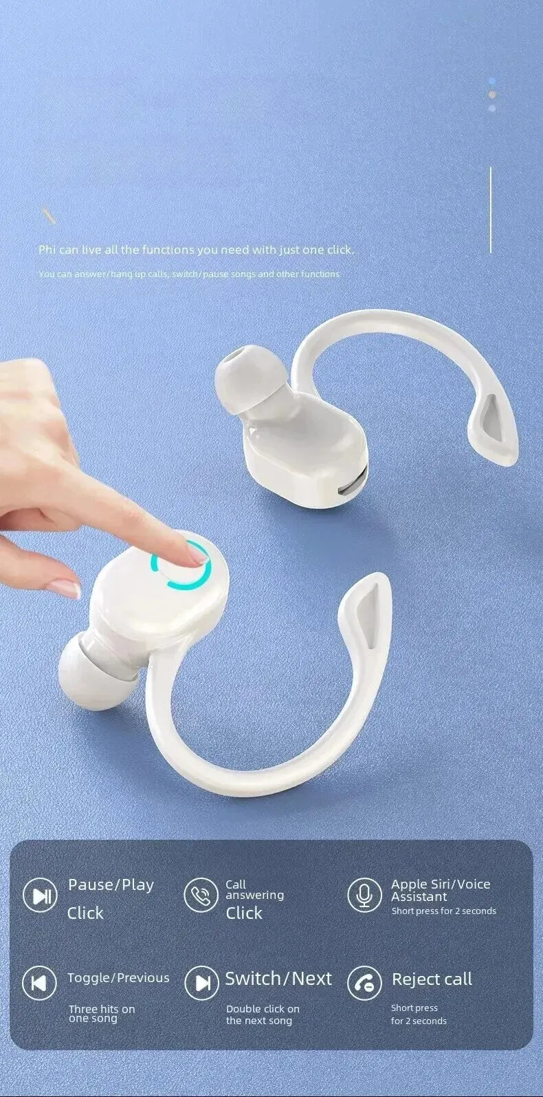 TWS Bluetooth 5.2 Ear Hook Wireless Earphone True Headphones Mini Handsfree Waterproof Sport Music Headset Single Right Earbuds