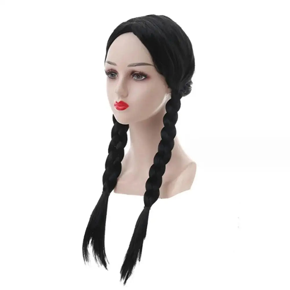 Wednesday Long Black Braids Middle Parted Wig, Pigtails for Party Costume Halloween  Women Cosplay Party with Cap