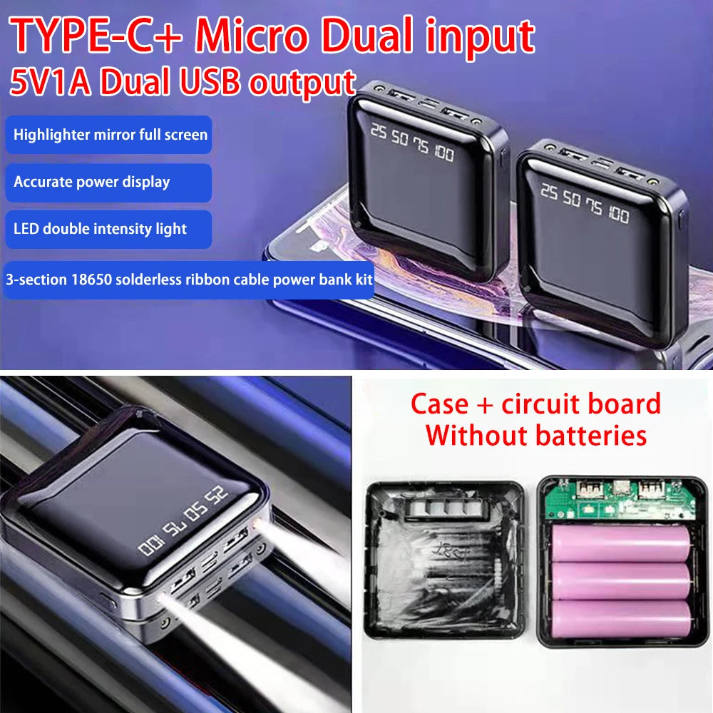 DIY 18650 Power Bank Case 4 in 1 Battery Charge Storage Box Shell Micro USB Type C with Flashlight For Charging Mobile Phones