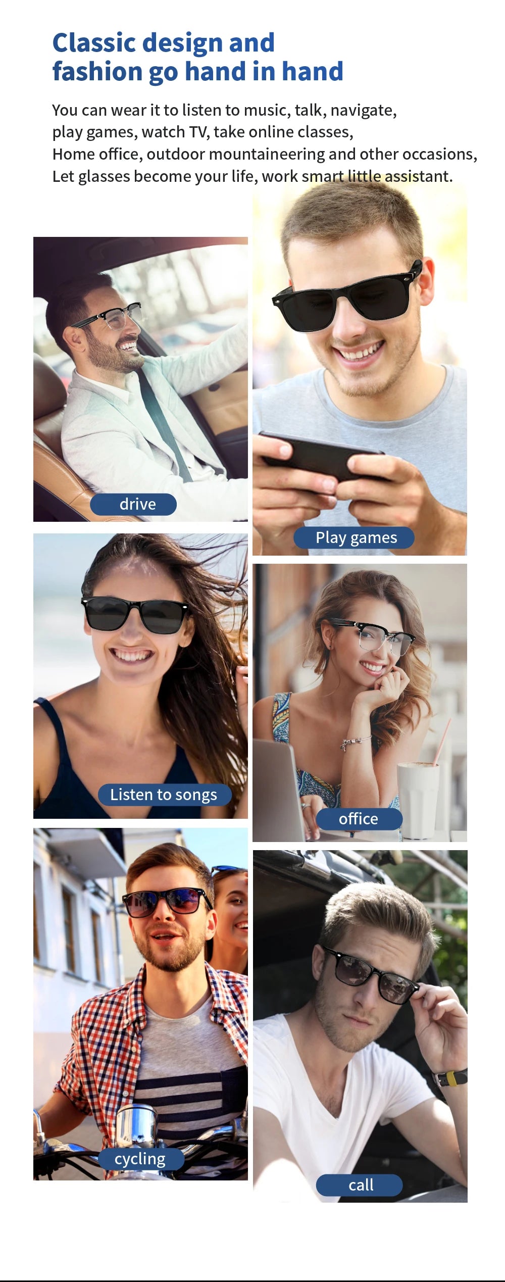Smart Glasses with AI Navigation Listen Songs Bluetooth Call Voice Assistant Remote Camera Translate Language Smart Sunglasses