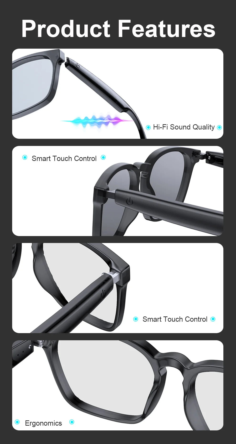 AI translation smart glasses with photochromic properties, Bluetooth for music playback and calls, multi-functional audio for dr