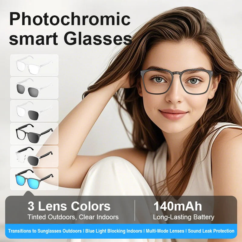 AI translation smart glasses with photochromic properties, Bluetooth for music playback and calls, multi-functional audio for dr