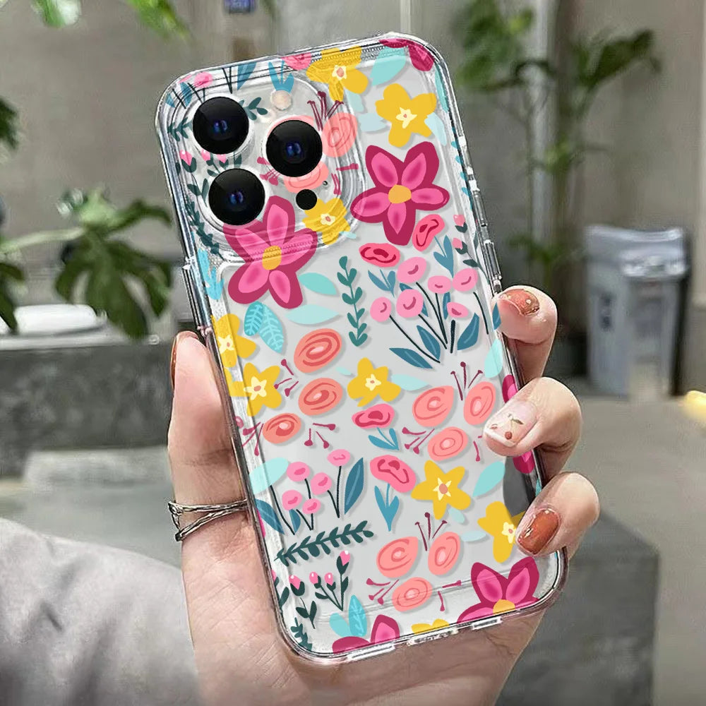 Silicone Flower Phone Case For iPhone 11 Funda iPhone 13 14 15 16 Pro Max 12 XR X XS 7 8 Plus SE 14promax Shockproof Clear Cover
