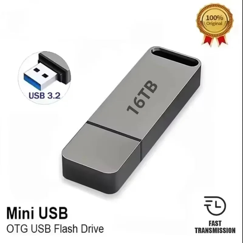 16TB Flash Drive USB 3.2 High Speed Transfer SSD High Capacity Metal Pen Drive Type C Portable Memory Waterproof U Drive