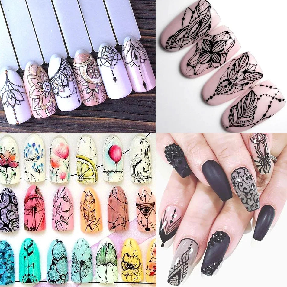 Nails Water Decals Abstract Pattern Nail Stickers Color Block Lines Leaf Flowers Sliders Manicures Foils Tips Black Art  Uñas